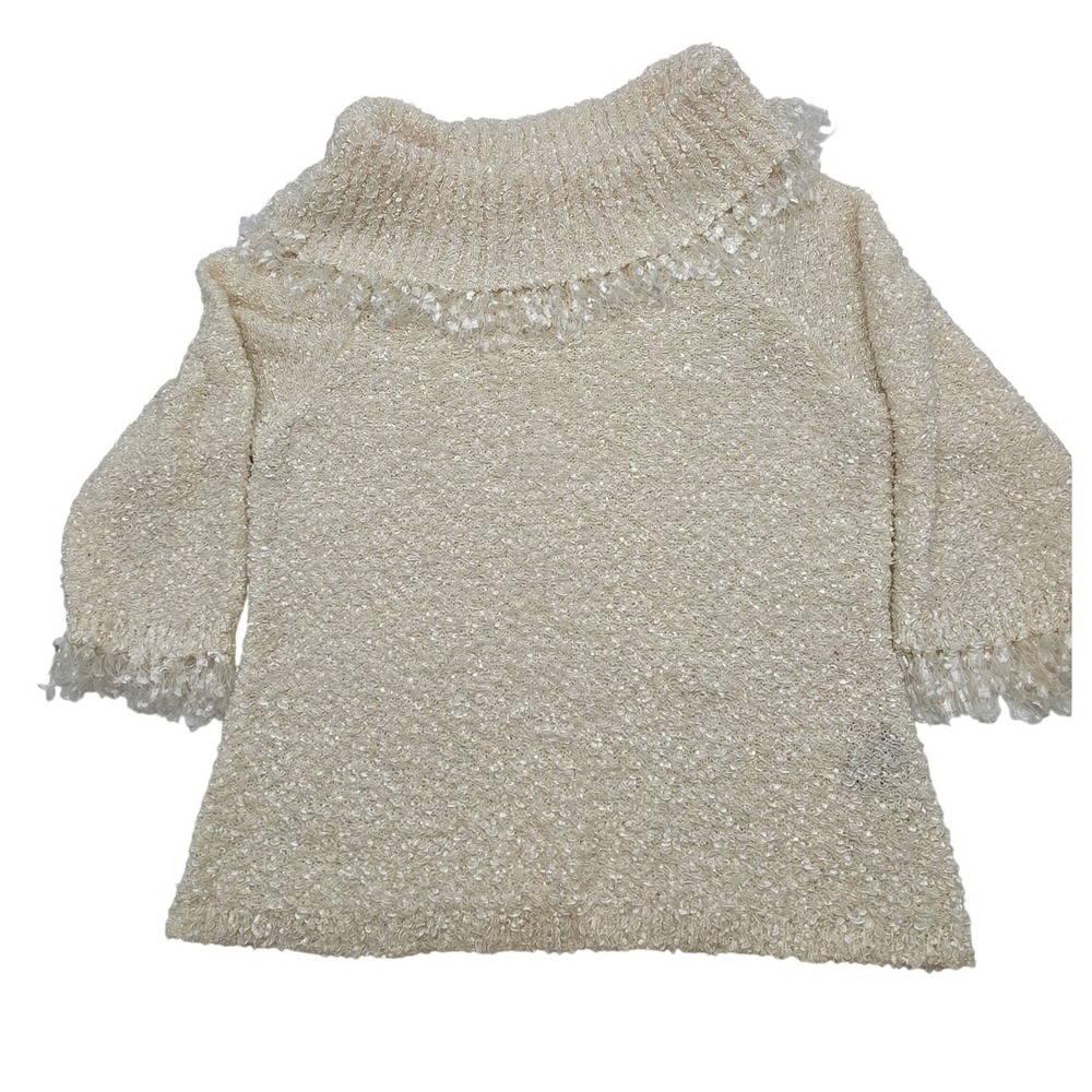 Sharon Young Cowl Neck Sweater Womens XL Cream Popcorn Knit Fringe Minimalist